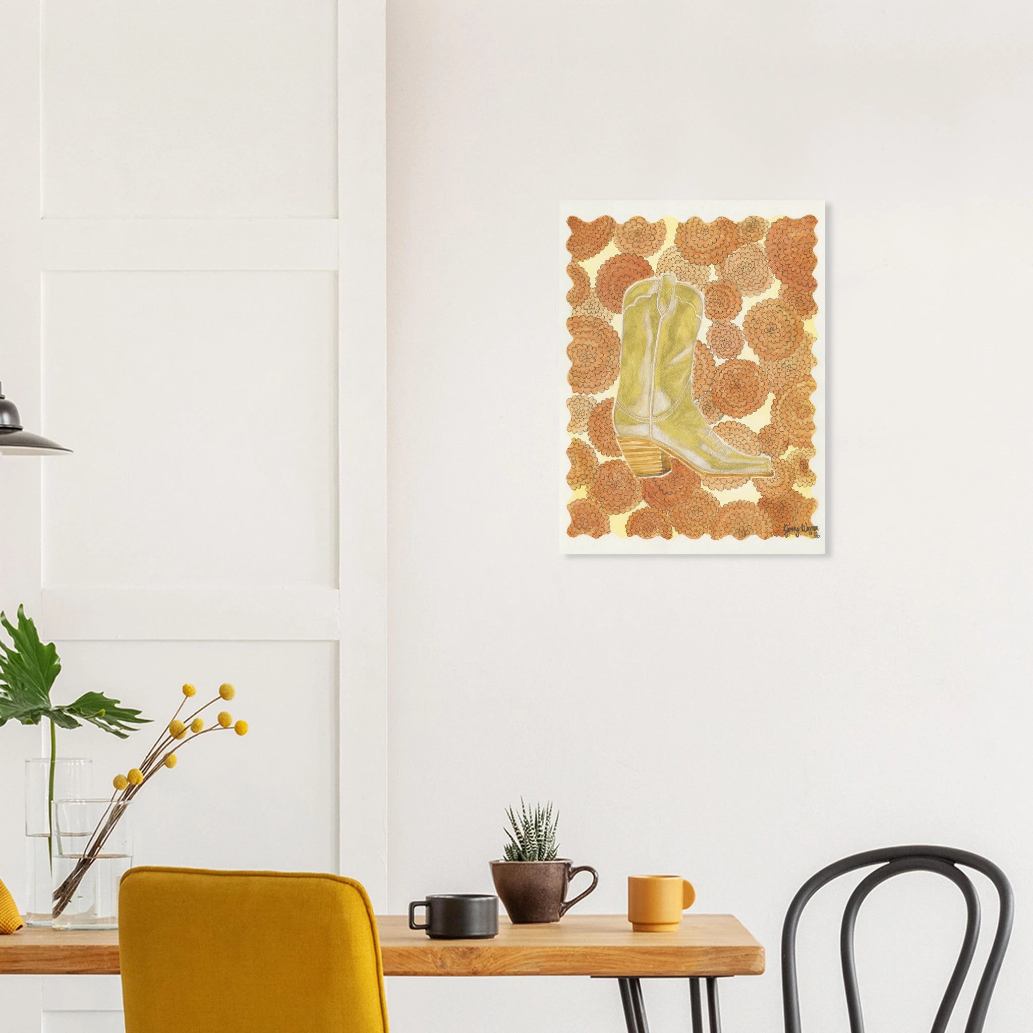 Fine art print by Texas artist Jenny Wagner. A detailed watercolor cowboy boot surrounded by marigold blooms.