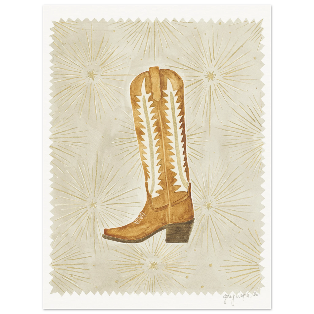 Starburst Boot by Texas artist Jenny Wagner. Features a classic western boot with metallic tones and starburst background