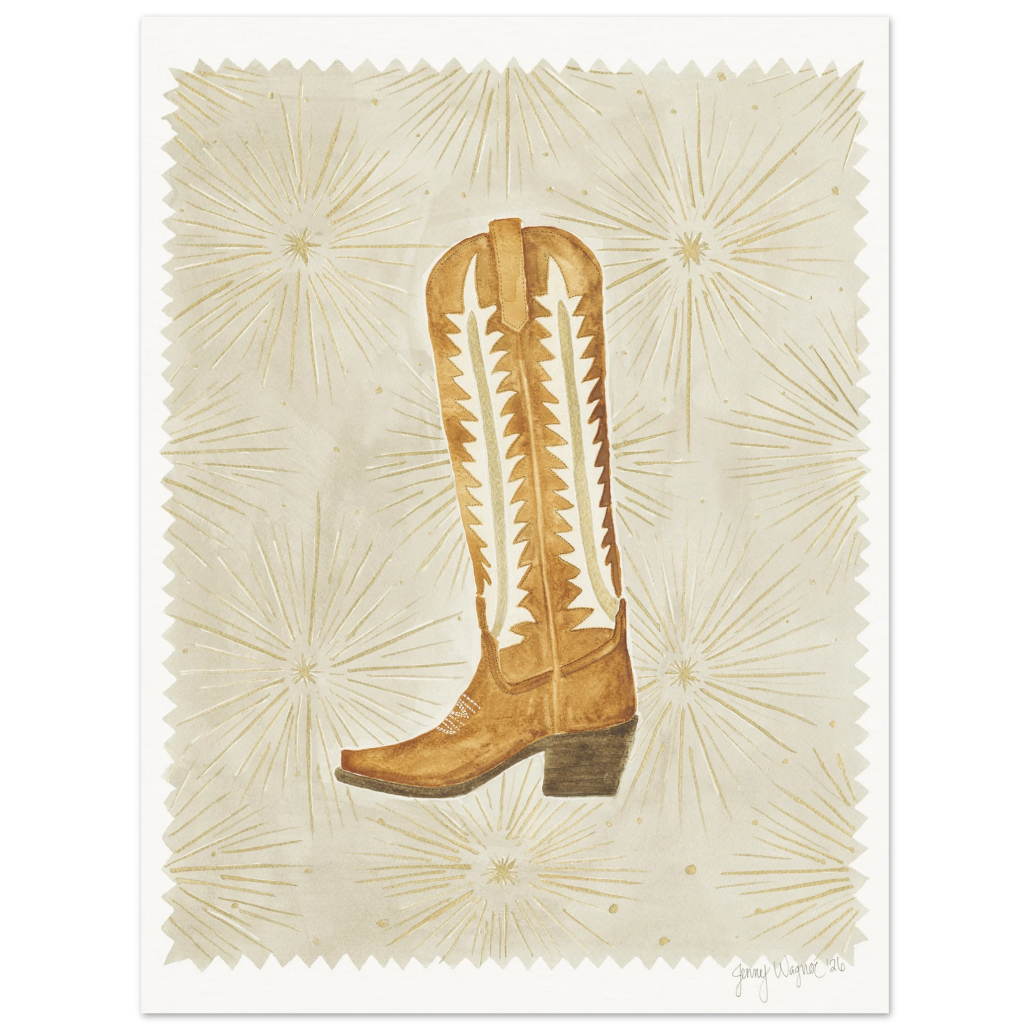Starburst Boot by Texas artist Jenny Wagner. Features a classic western boot with metallic tones and starburst background