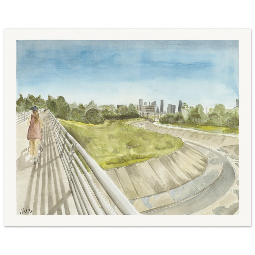 The Bayou Walk, by Houston based artist Jenny Wagner, depicts a solitary figure walking along White Oak Bayou