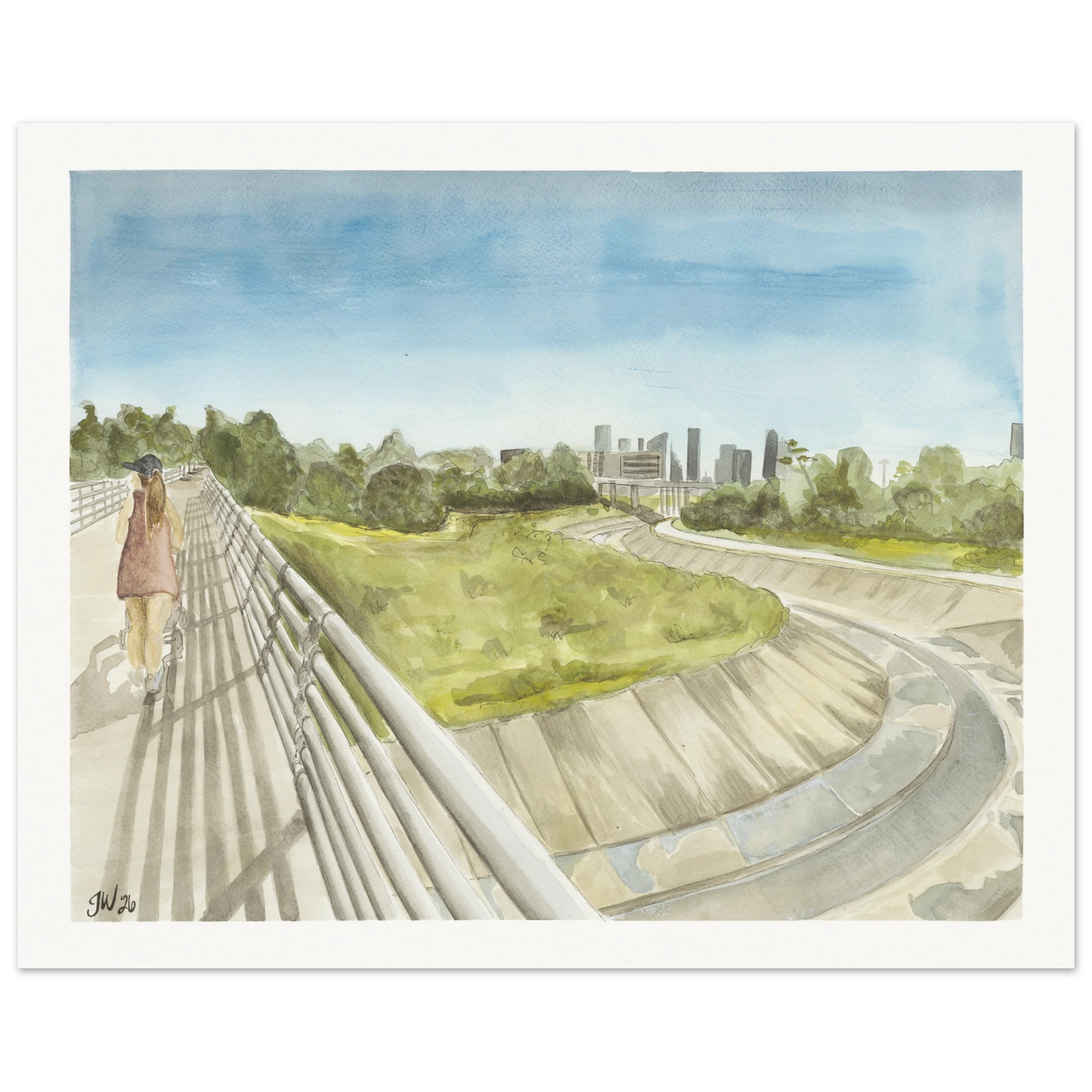 The Bayou Walk, by Houston based artist Jenny Wagner, depicts a solitary figure walking along White Oak Bayou