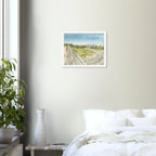 Fine art print, The Bayou Walk, by Houston artist Jenny Wagner shown on a bedroom wall. This print depicts a scene from White Oak Bayou.