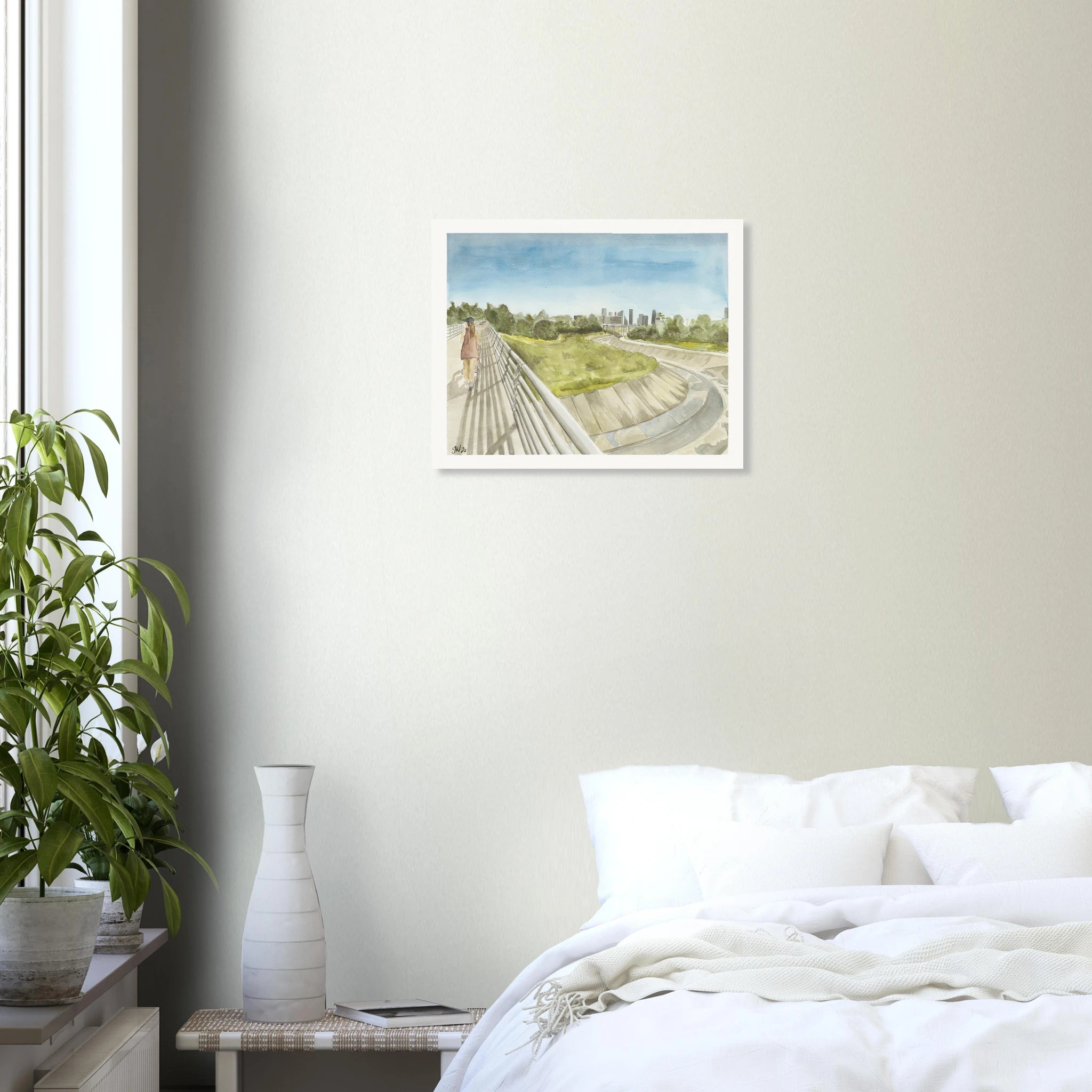Fine art print, The Bayou Walk, by Houston artist Jenny Wagner shown on a bedroom wall. This print depicts a scene from White Oak Bayou.