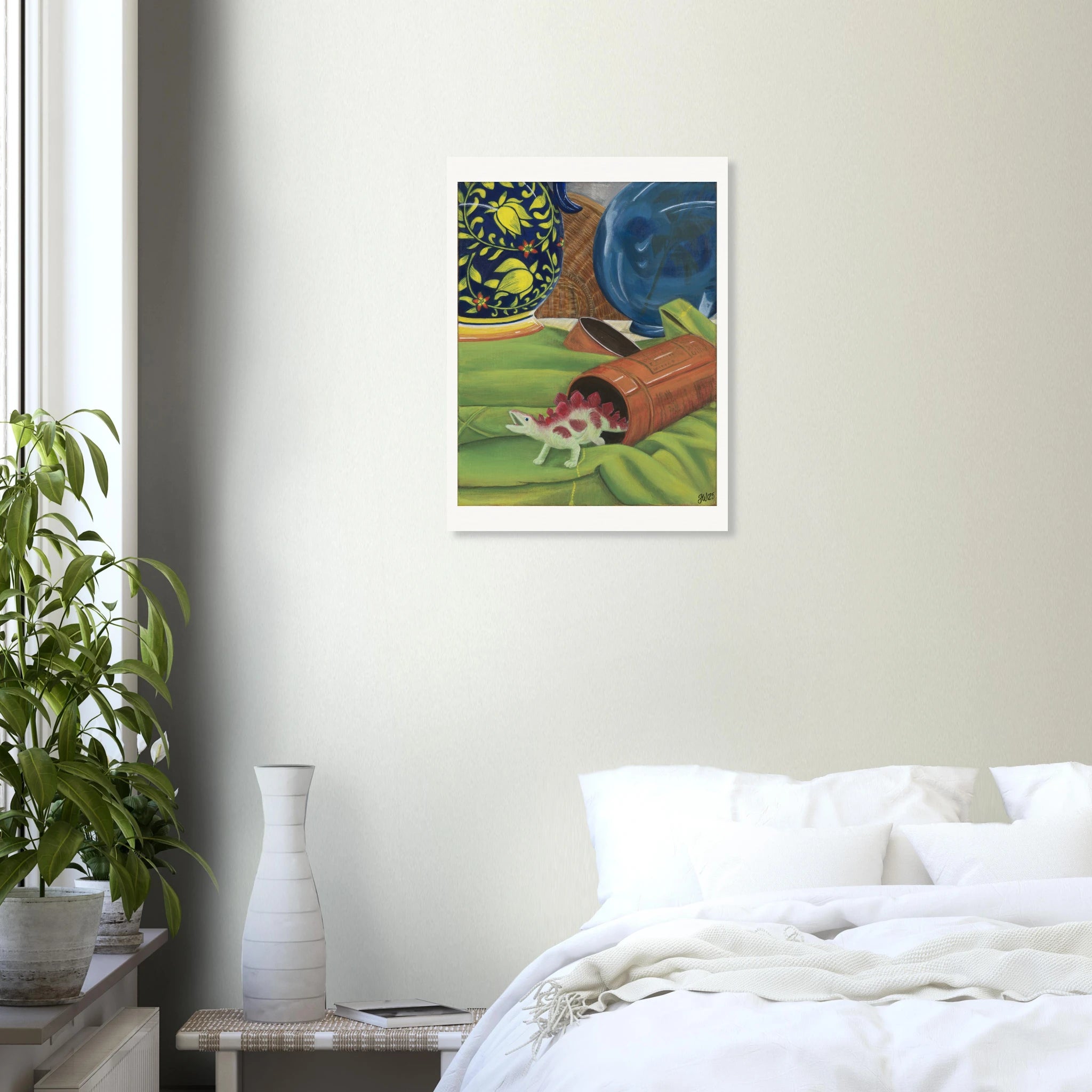 The Unexpected Guest art print by Texas artist Jenny Wagner shown on a bedroom wall.