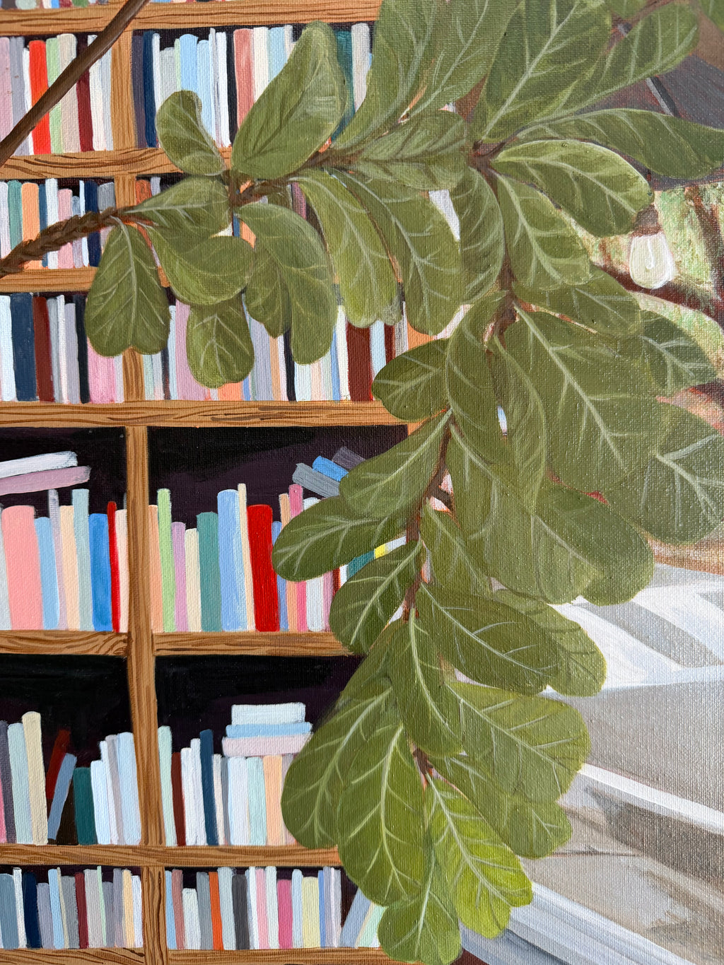 Close up details of the fiddle leaf fig tree in Jenny Wagner Studio Original Acrylic painting, Rooted in Place