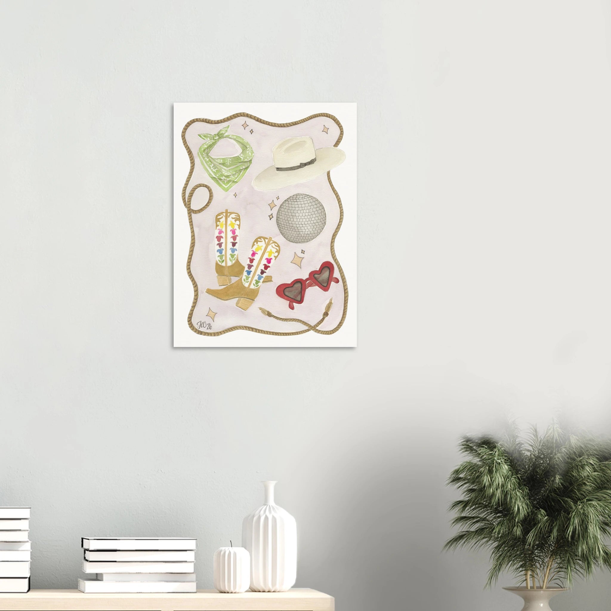 After the Rodeo fine art print by Texas artist Jenny Wagner. This watercolor western still life is perfect to brighten up any room and bring a little joy.