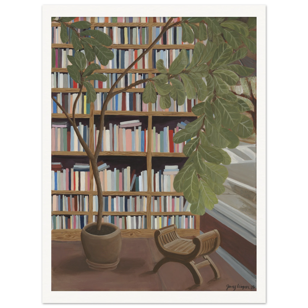 Fine art print, Rooted in Place, by Texas Artist Jenny Wagner. Depicts a fiddle leaf fig in a library