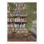 Fine art print, Rooted in Place, by Texas Artist Jenny Wagner. Depicts a fiddle leaf fig in a library