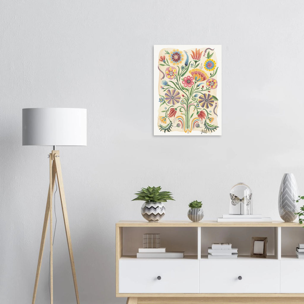 Colorful watercolor fine art print by Jenny Wagner displayed in a neutral room on a wall