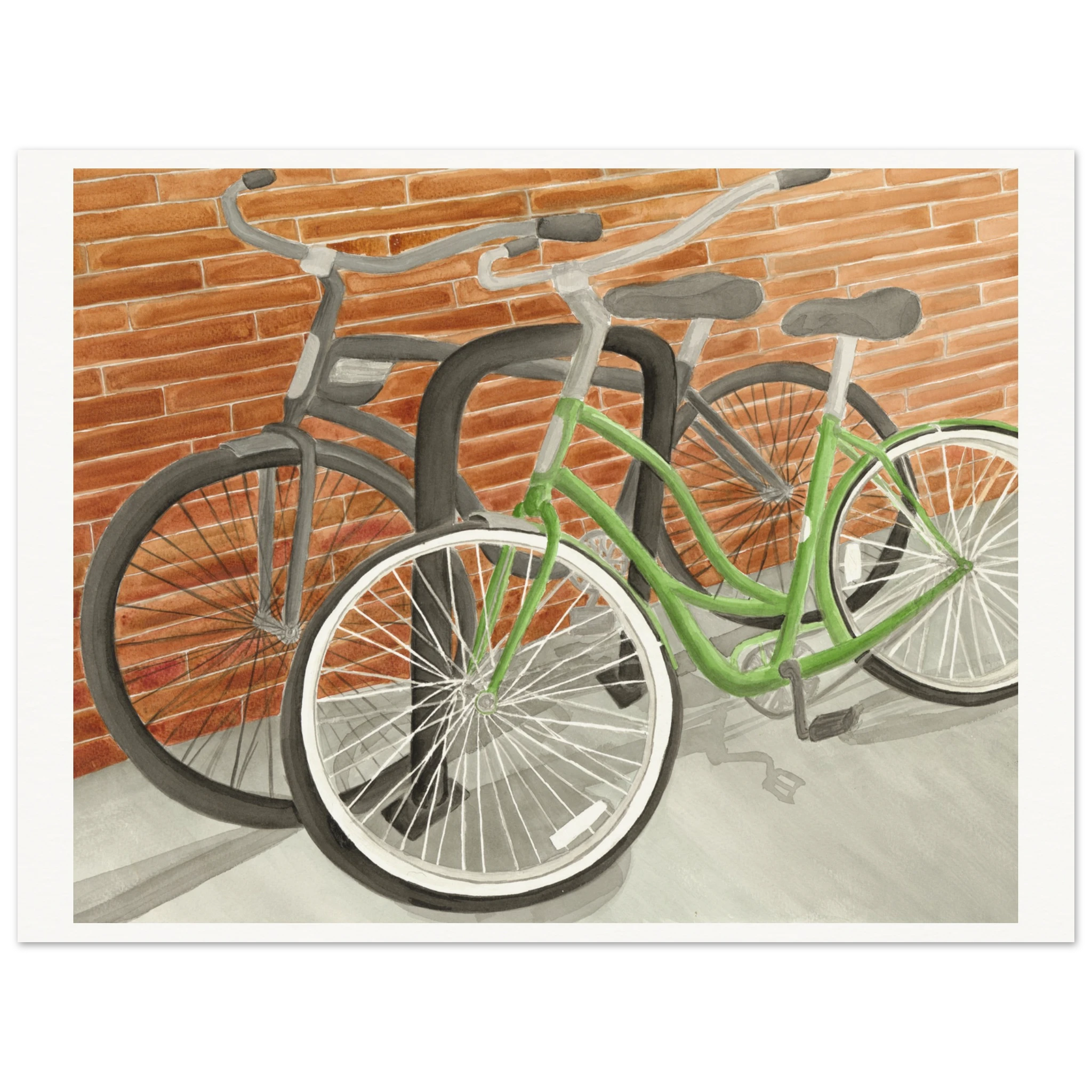 Against the Bricks art print by Texas artist Jenny Wagner depicts two bikes against a brick wall