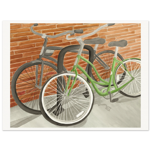 Against the Bricks art print by Texas artist Jenny Wagner depicts two bikes against a brick wall
