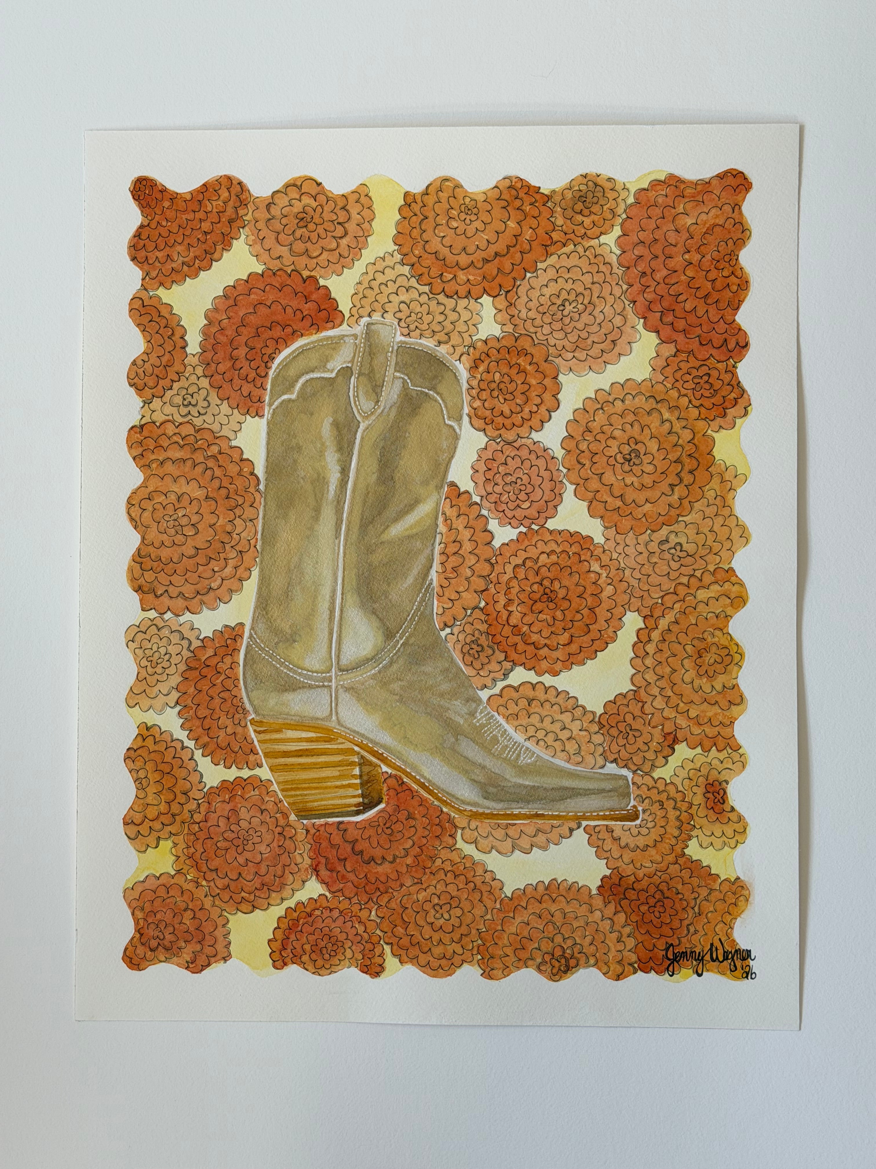 Standing in Marigolds, original 16x20 watercolor painting of a western metallic boot against and orange floral patterned background by Jenny Wagner