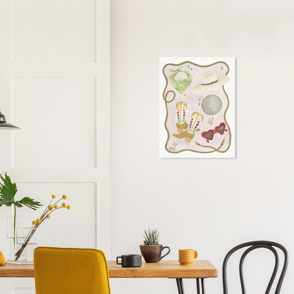 After the Rodeo fine art print by Texas artist Jenny Wagner. Large format of this playful western print is shown on a wall in a kitchen.