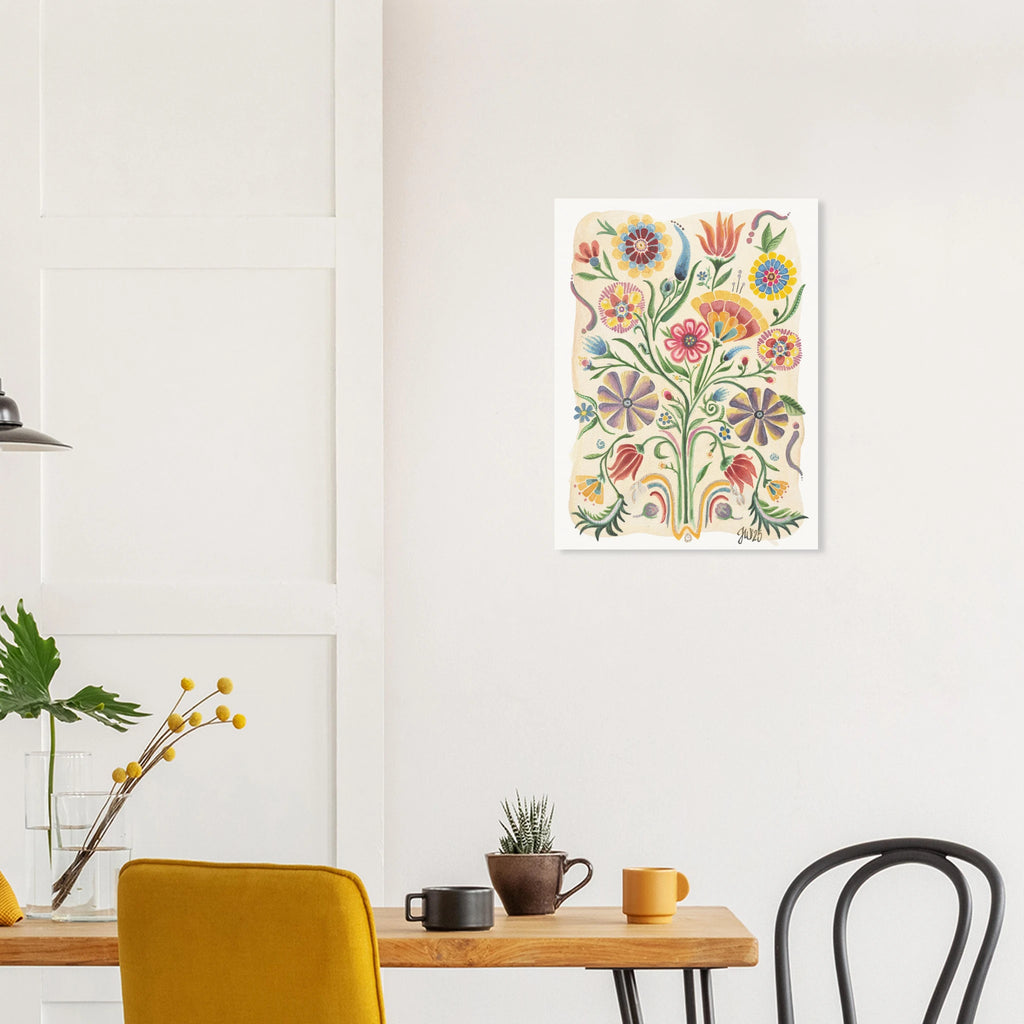 Fine Art Watercolor, Jardín, by Jenny Wagner shown in a neutral dining room