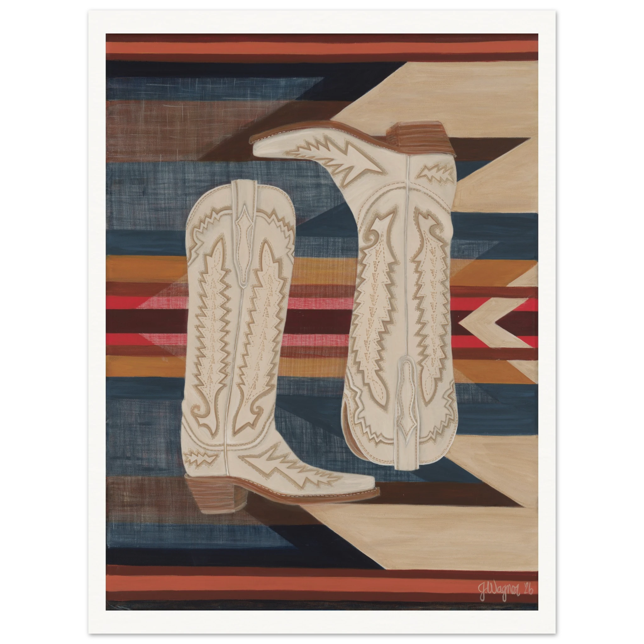 Paired fine art print by Texas artist Jenny Wagner featuring cream boots on a patterned background