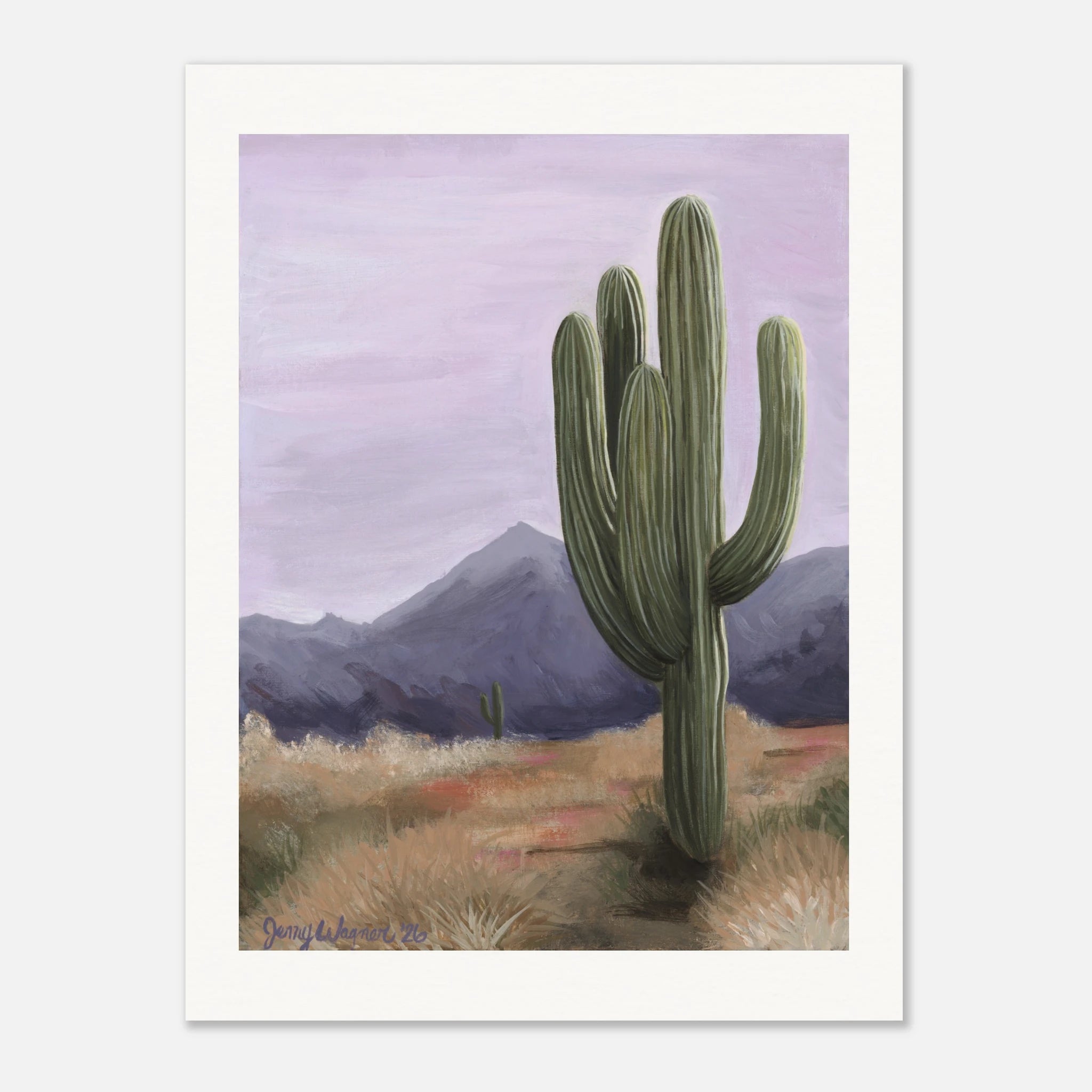Lavender Horizon art print by Texas artist Jenny Wagner. A saguaro cactus against a dreamy lavender sky.