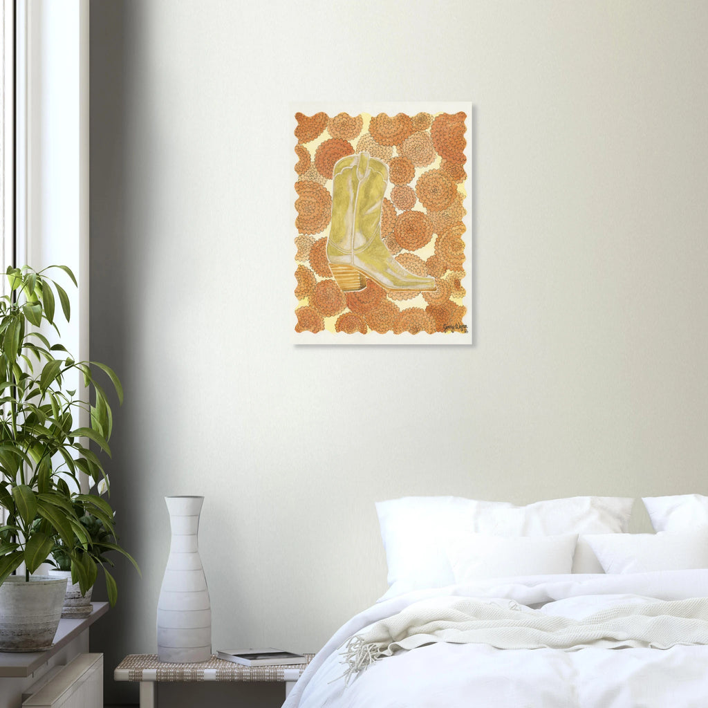 Large Fine Art Print of Standing in Marigolds, by Texas artist Jenny Wagner. This detailed watercolor print has warm and metallic tones to bring botanical fun to a western object.