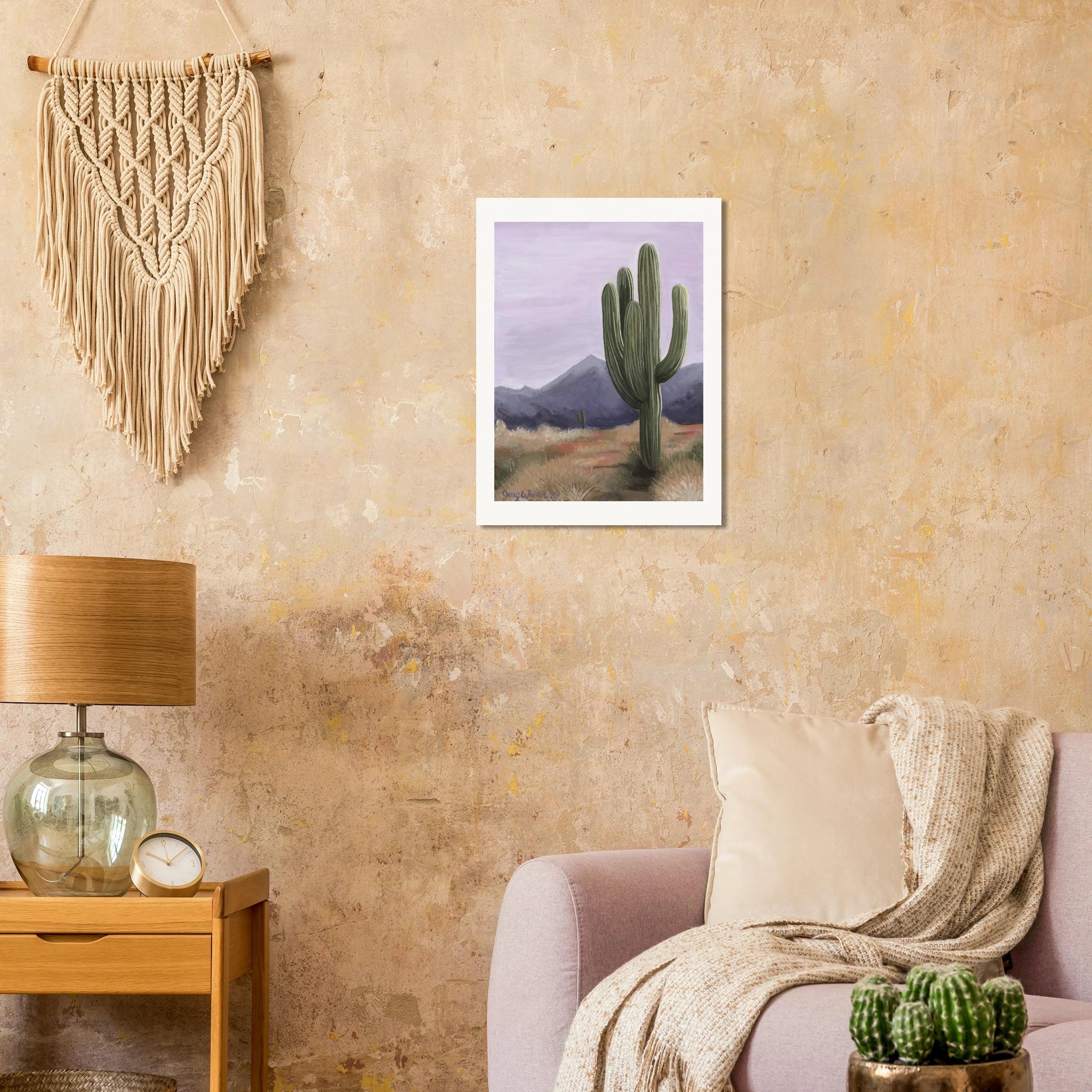 Lavender Horizon fine art print by Texas artist Jenny Wagner. 18x24 print shown on a western wall