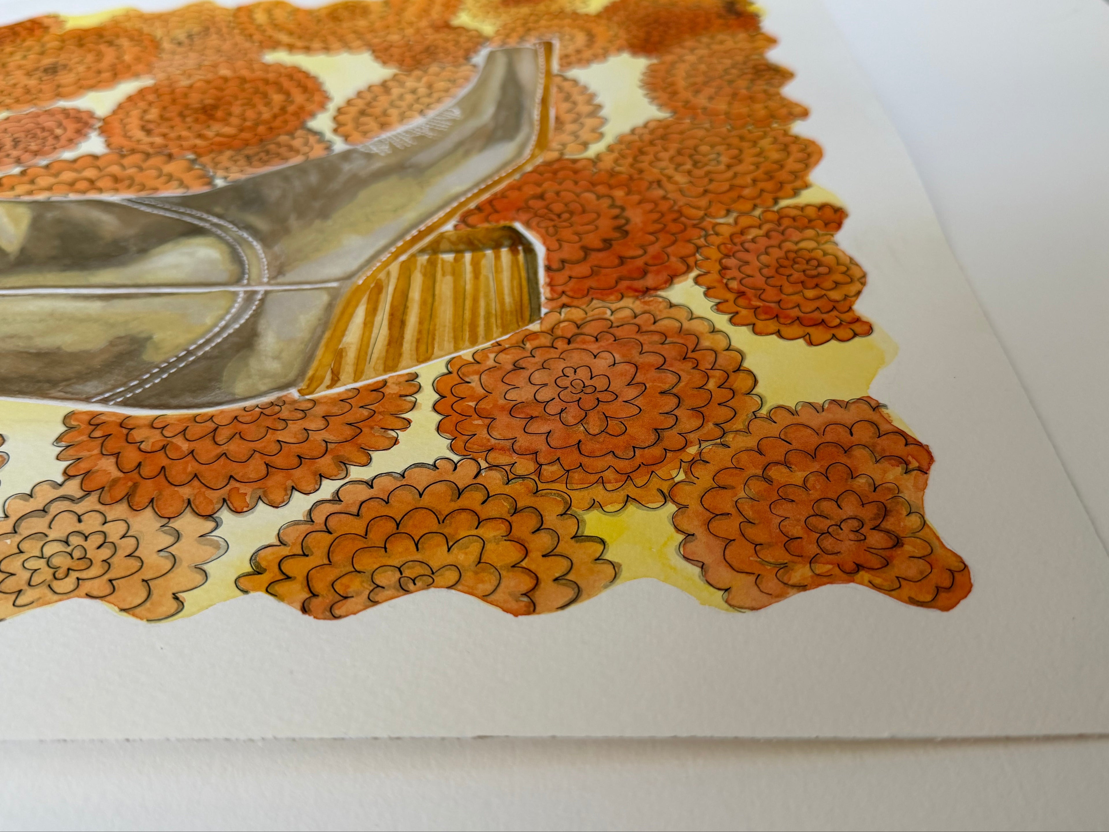 Side view detail of Standing in Marigolds to show the Watercolor Paper details
