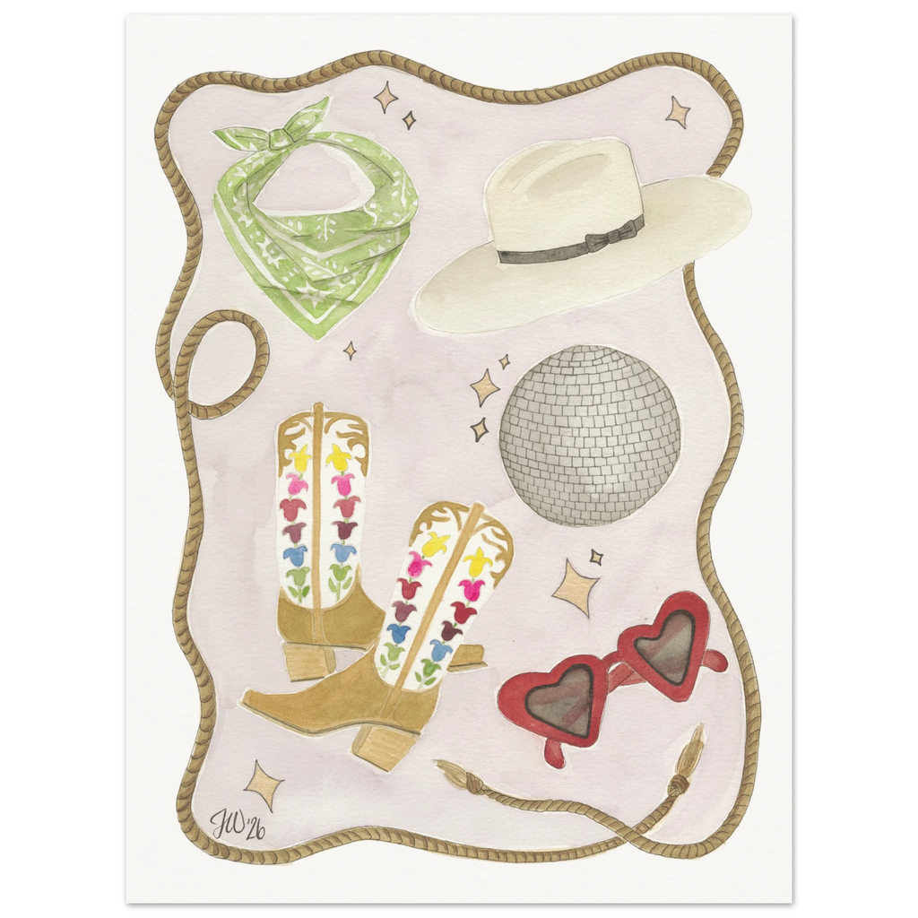After the Rodeo art print by Texas artist Jenny Wagner. A playful Western watercolor still life. Printed on archival paper available in various sizes.