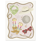 After the Rodeo art print by Texas artist Jenny Wagner. A playful Western watercolor still life. Printed on archival paper available in various sizes.