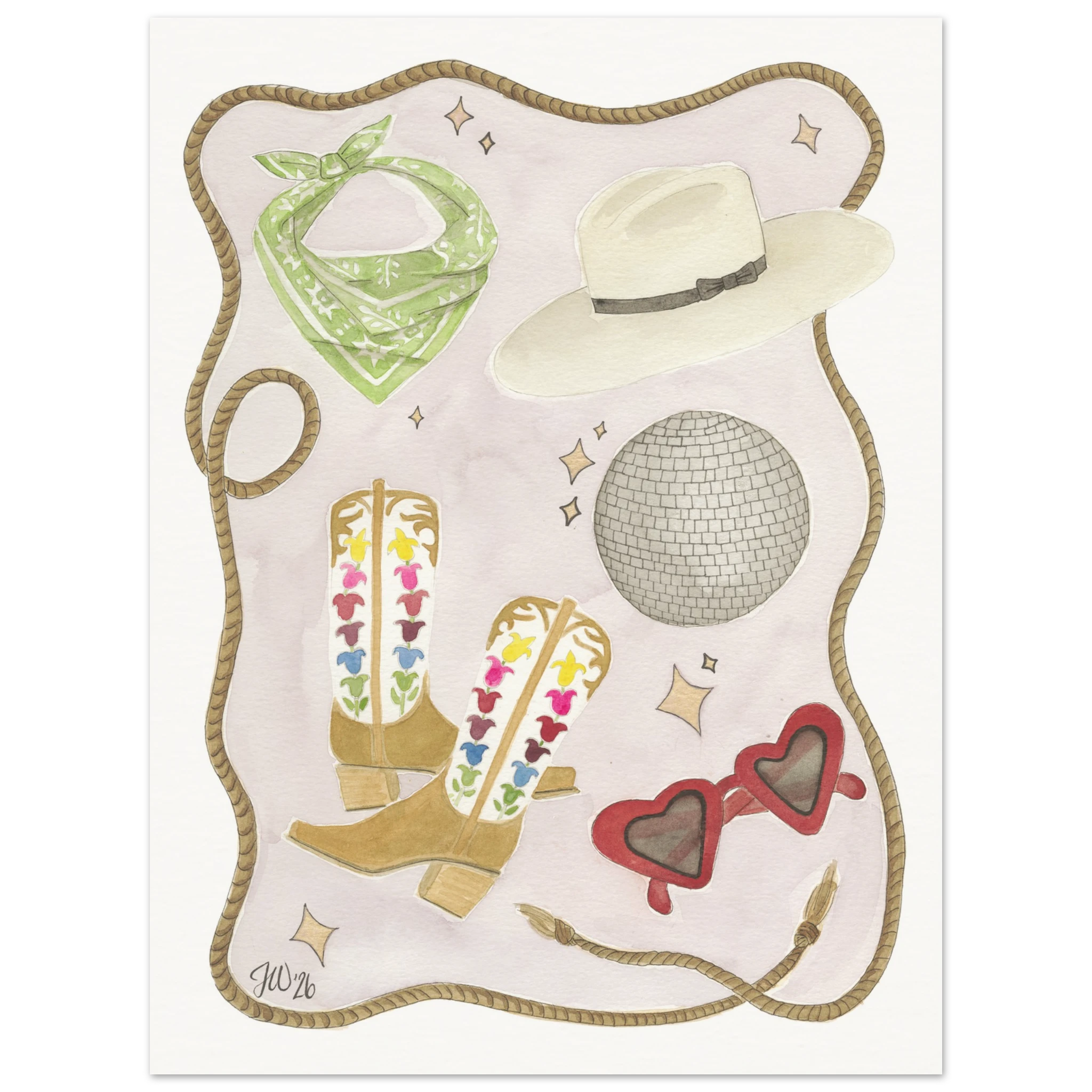 After the Rodeo art print by Texas artist Jenny Wagner. A playful Western watercolor still life. Printed on archival paper available in various sizes.