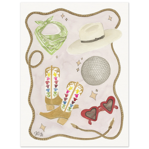 After the Rodeo art print by Texas artist Jenny Wagner. A playful Western watercolor still life. Printed on archival paper available in various sizes.