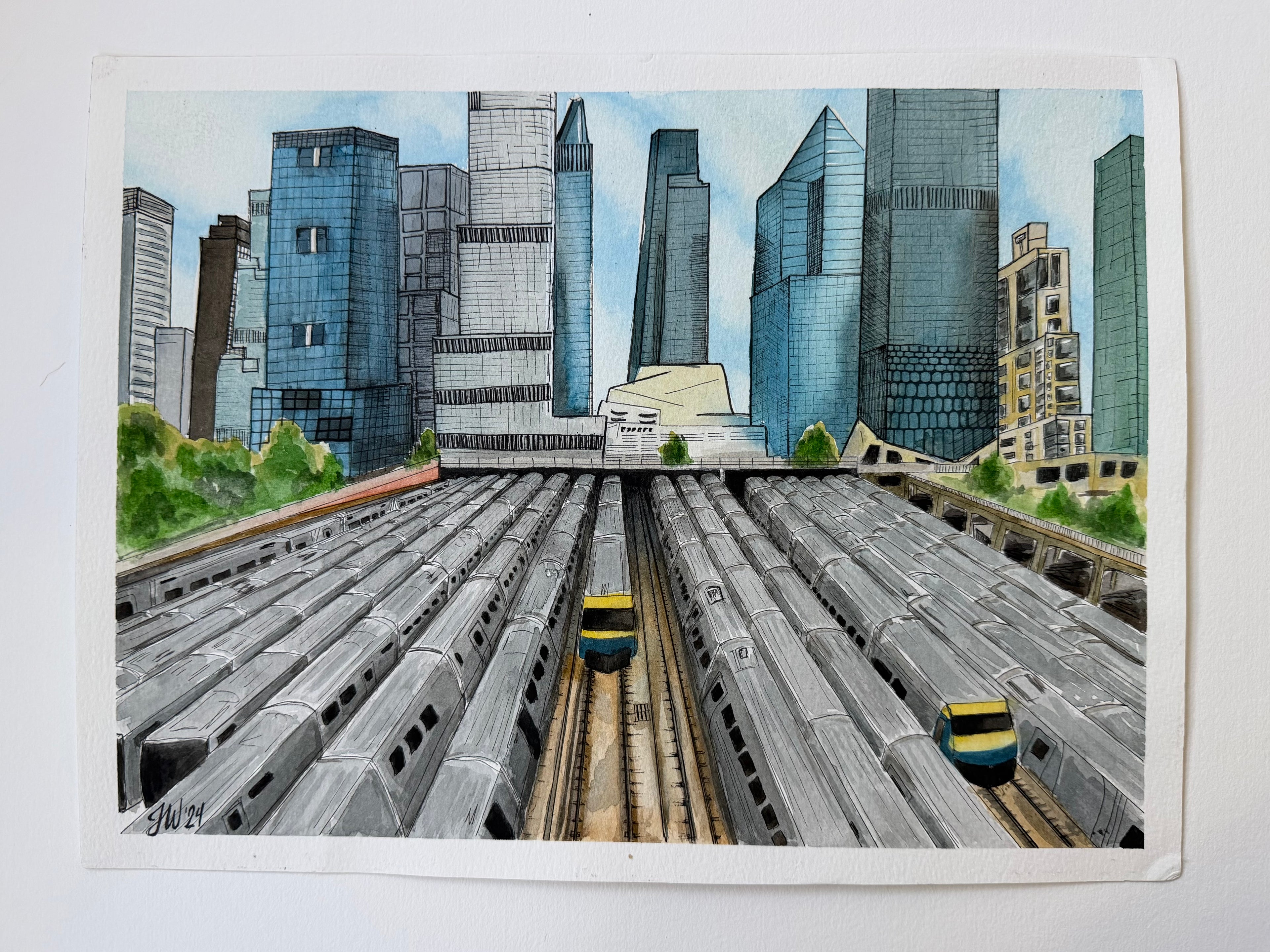 Original watercolor painting of urban skyline with a train yard