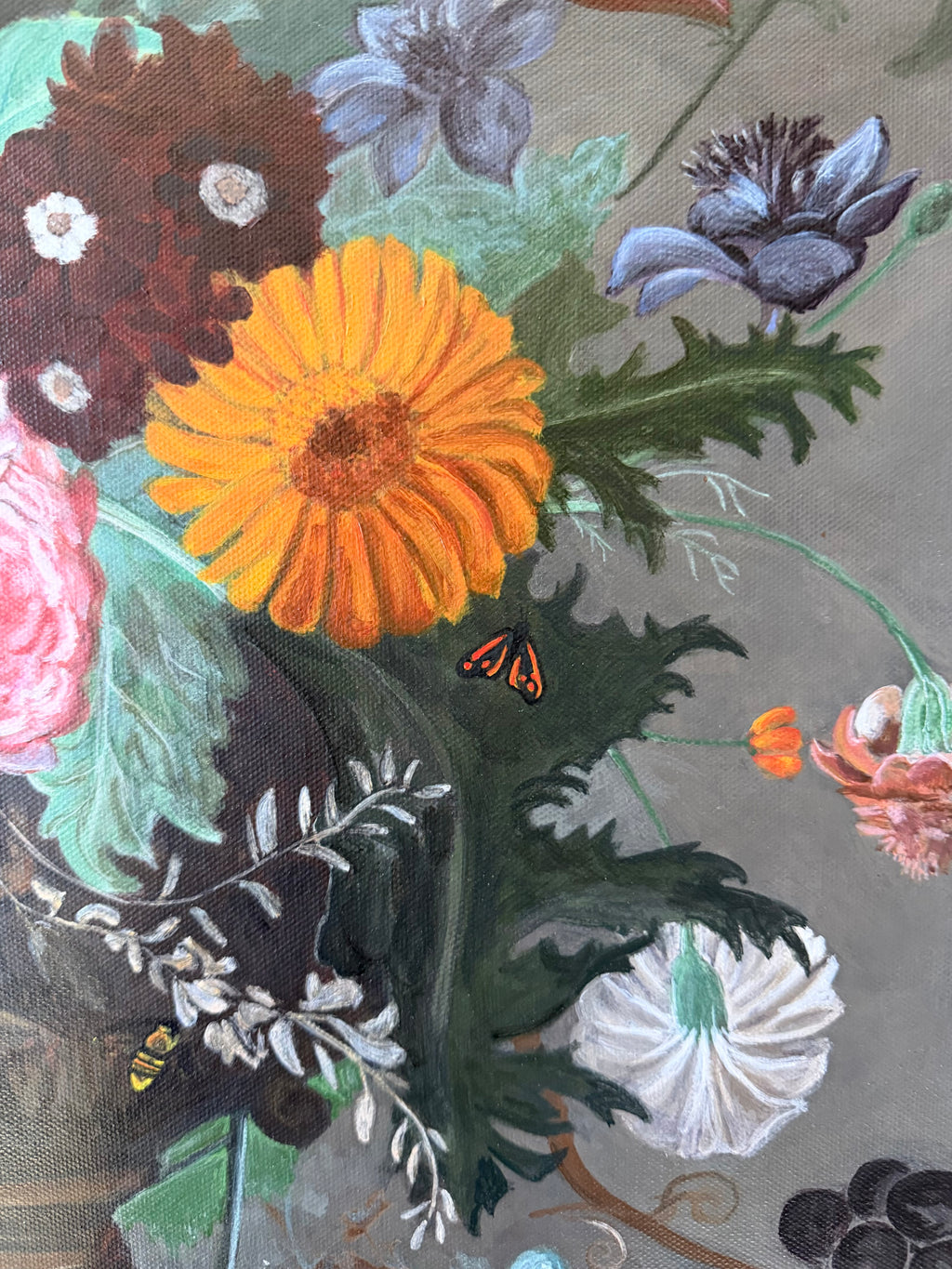 Close-up of floral details showing shadows and light in Jenny Wagner Studio original acrylic piece