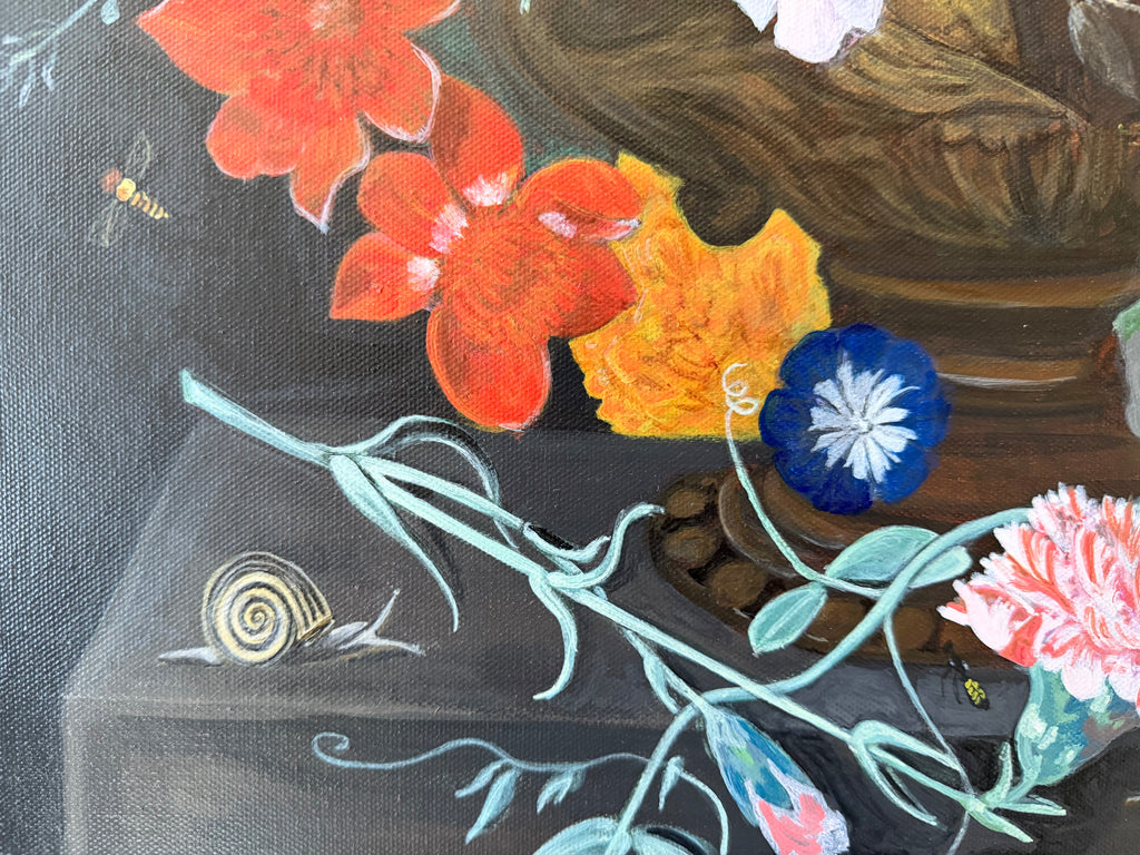 Close up of floral details and insects on Jenny Wagner Studio original still life