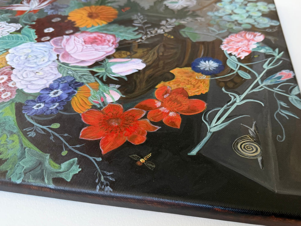 Close up of the side of the canvas and small details on Jenny Wagner Studio Original piece