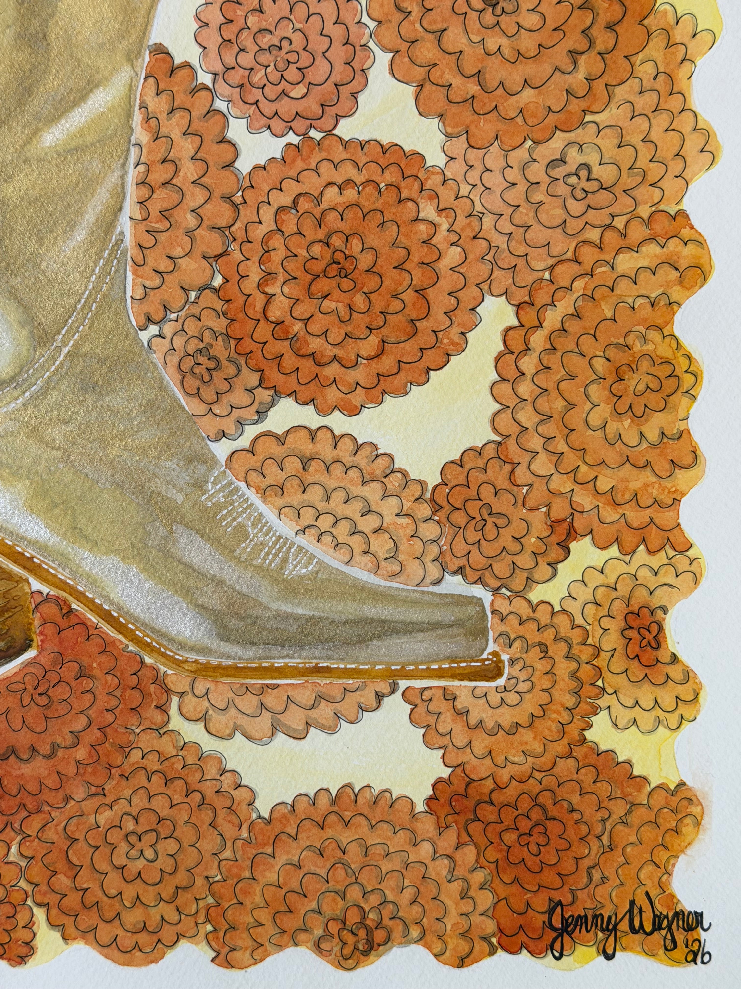 Close-up of boot details and artist signature of Standing in Marigolds