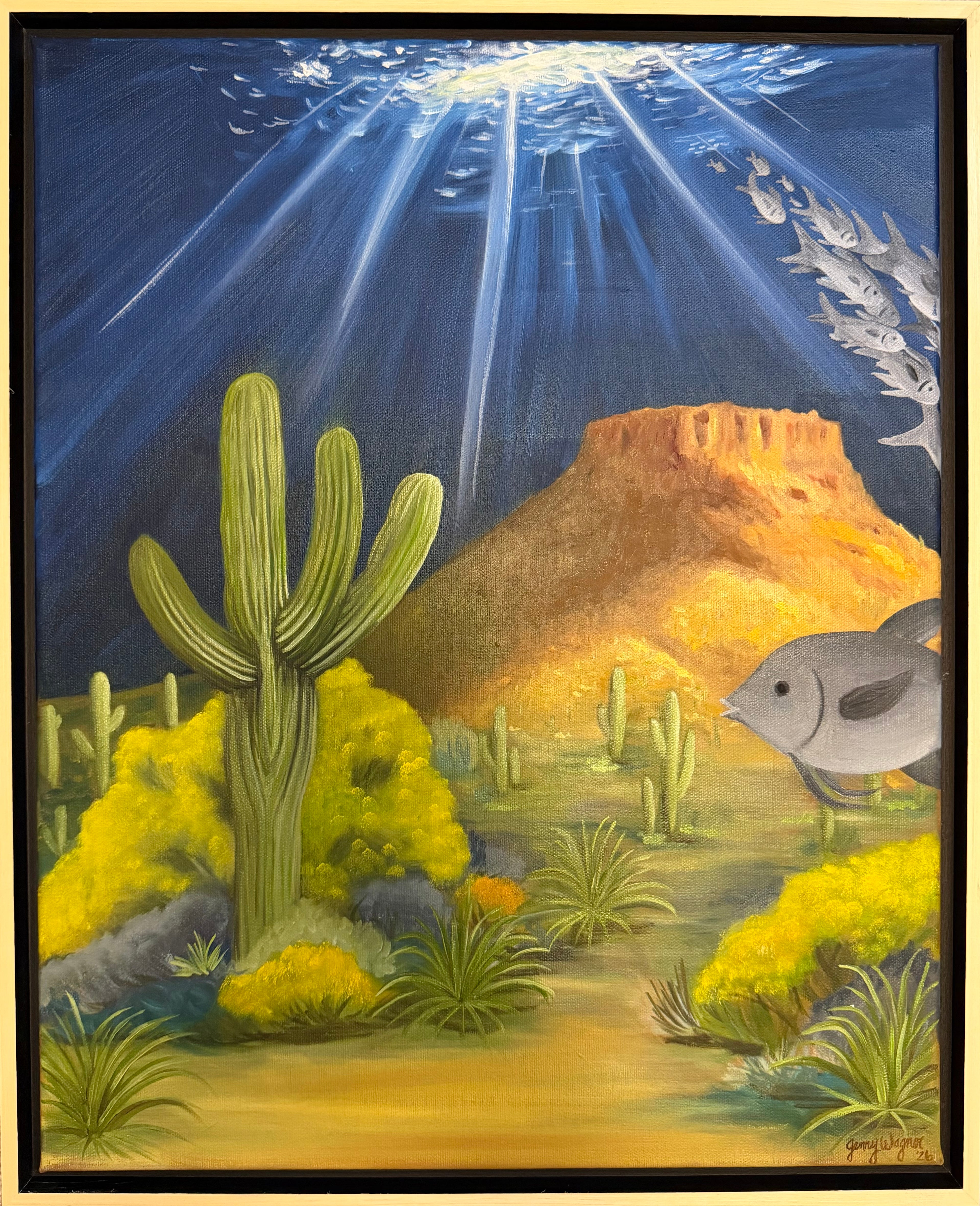 Surreal Western painting of an underwater desert with saguaro cacti and fish by Texas artist Jenny Wagner