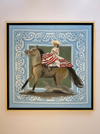Bandana Series painting, La Escaramuza, by Texas artist Jenny Wagner shown on a white wall in a natural wood floater frame that reveals the canvas edges