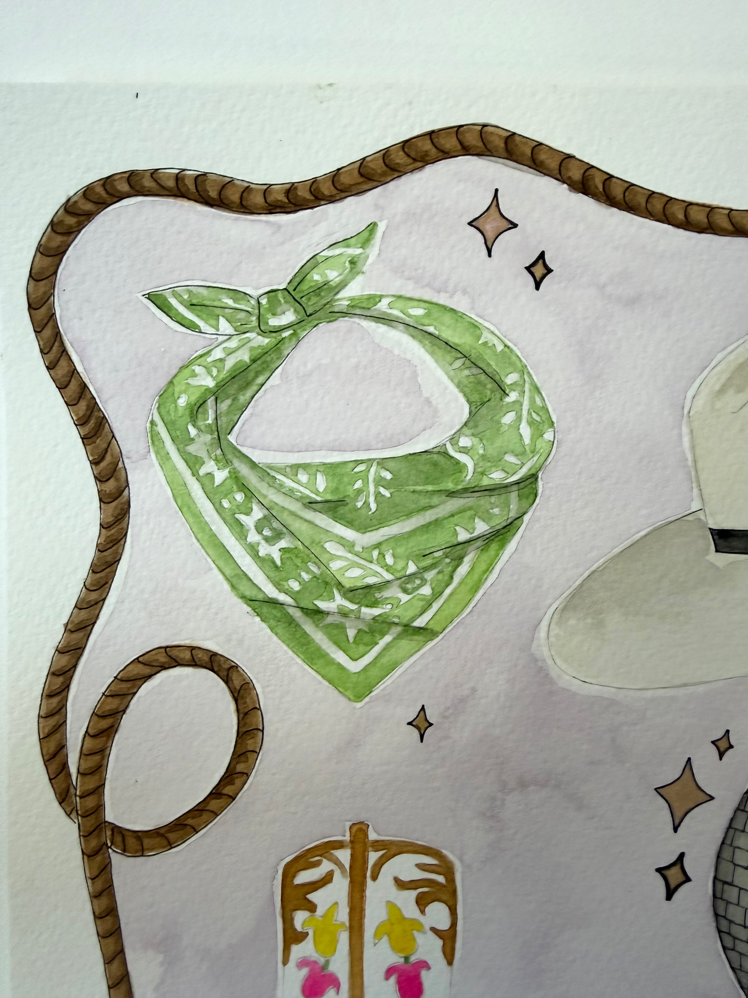 Close up of Bandana in Jenny Wagner original watercolor