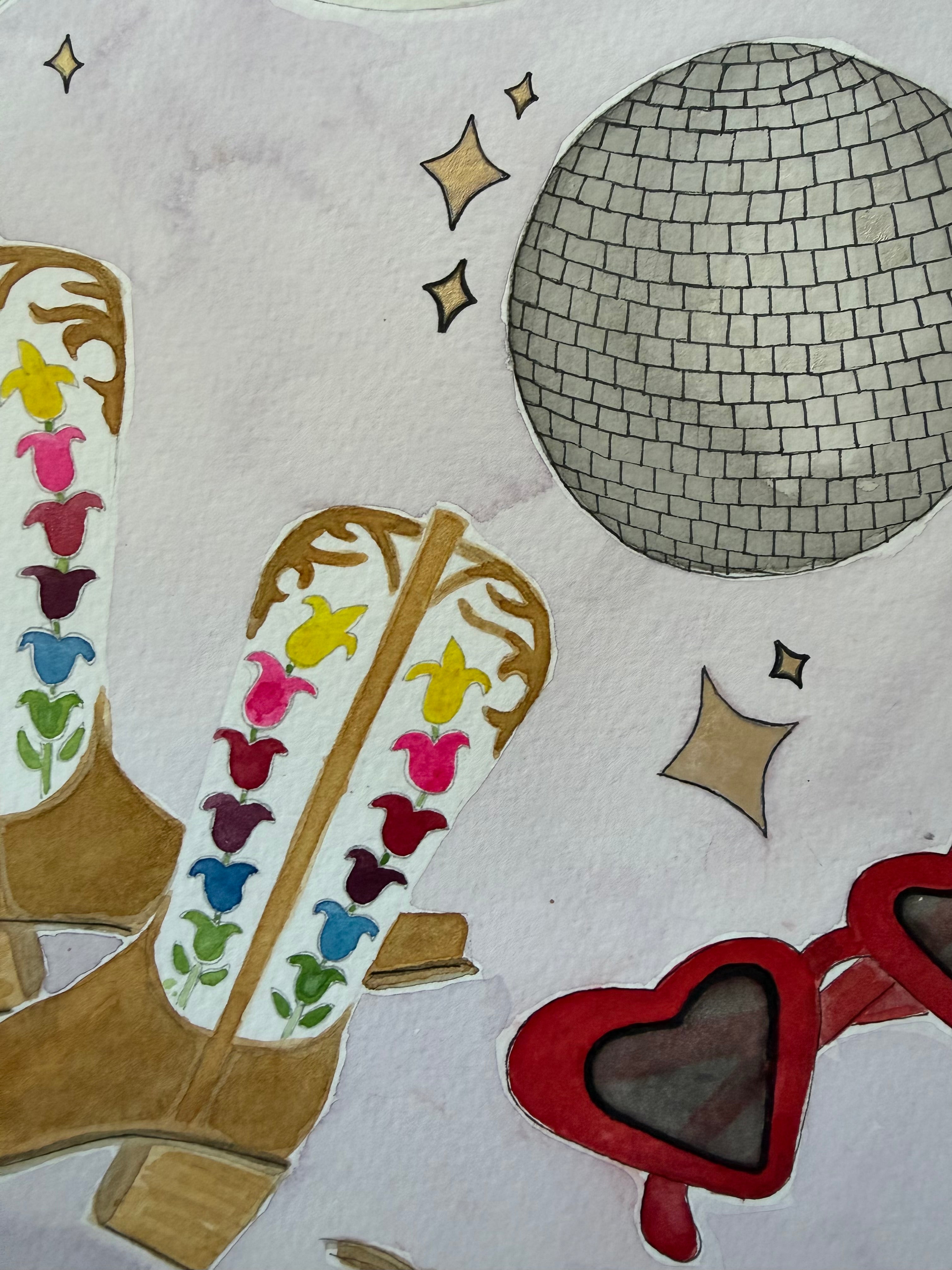 Close up of disco ball, western boots, and heart sunglasses in Jenny Wagner Original Western Watercolor