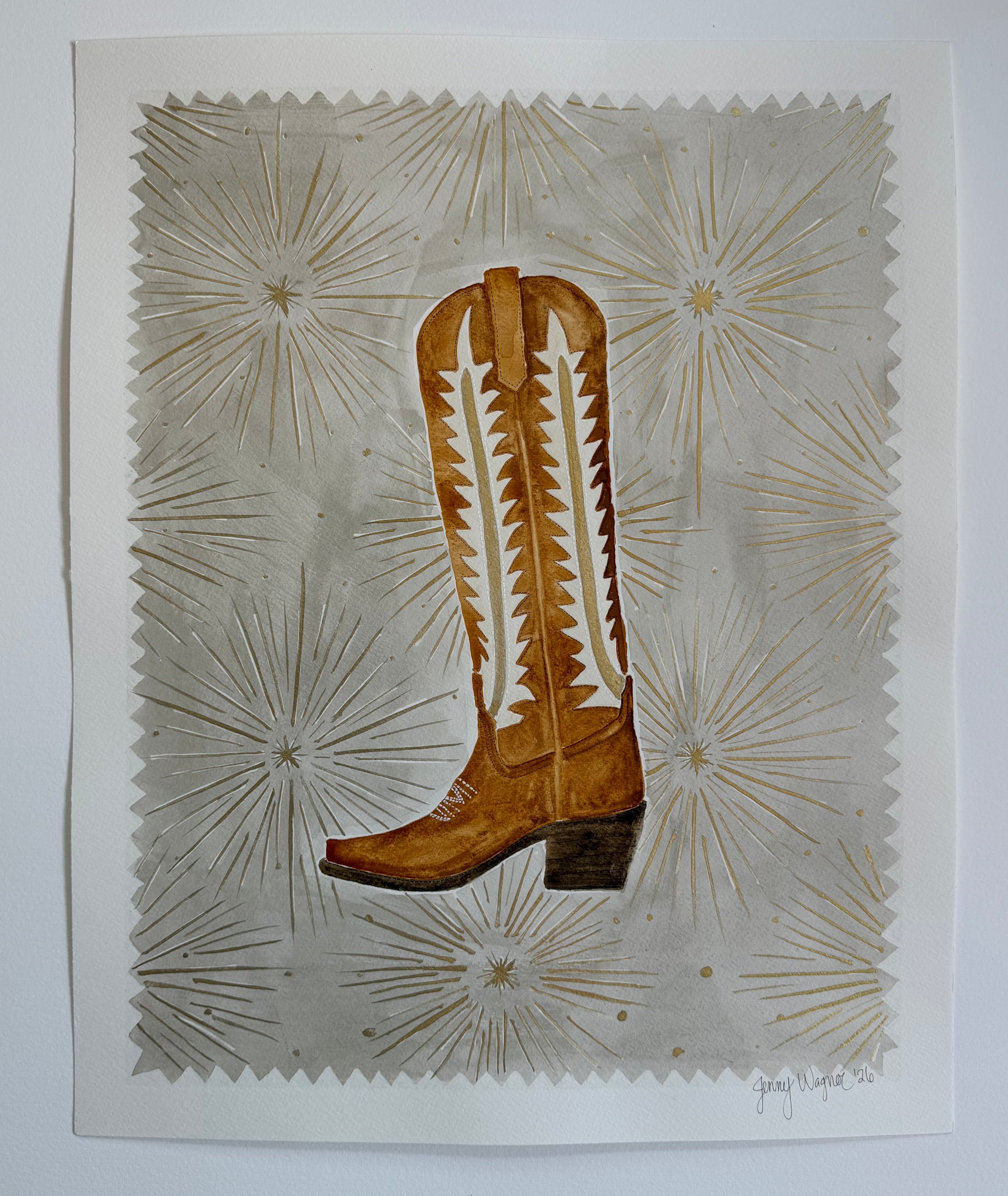 starburst boot watercolor painting with metallic details
