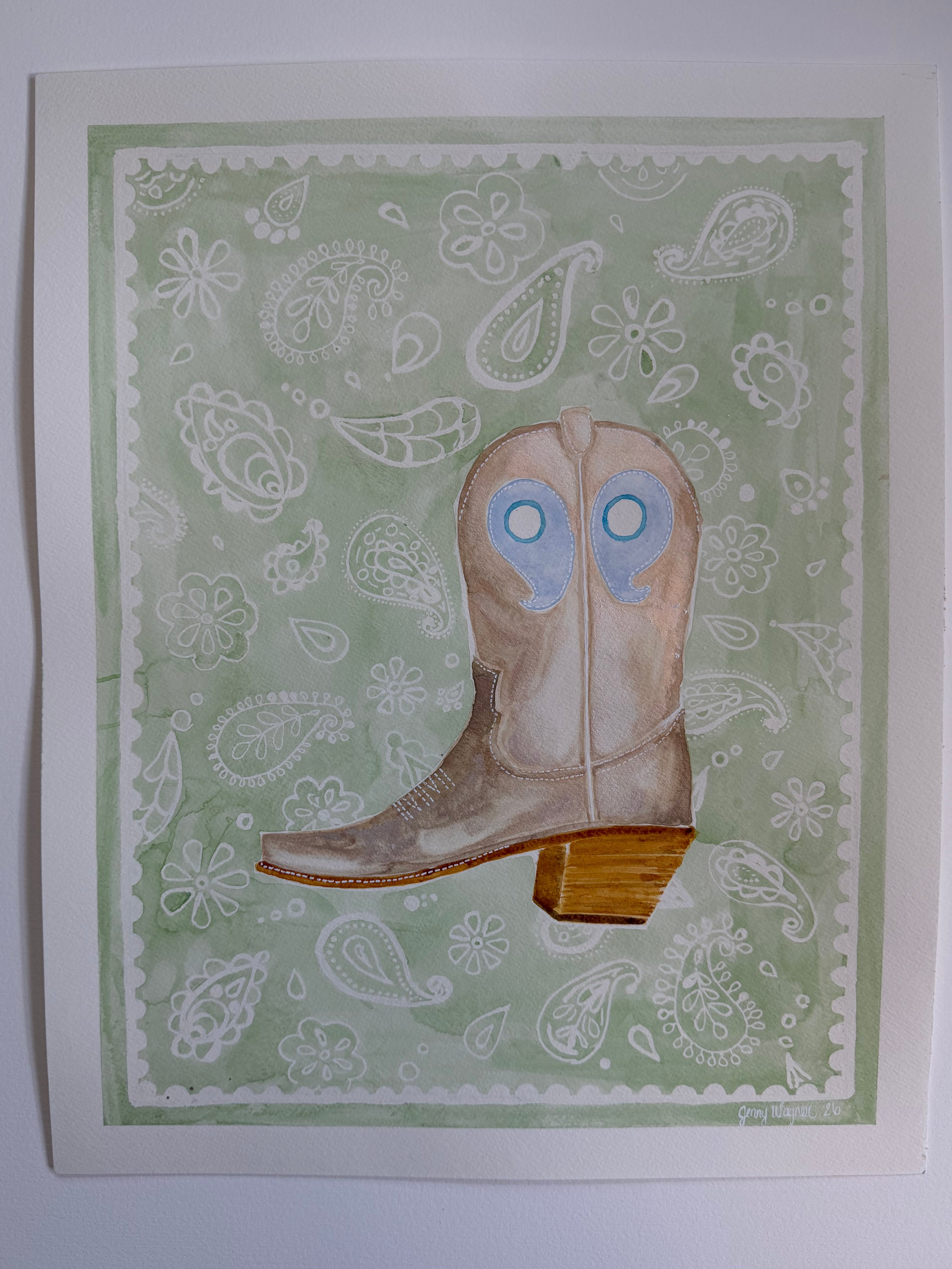 cowboy boot watercolor painting with green paisley bandana pattern