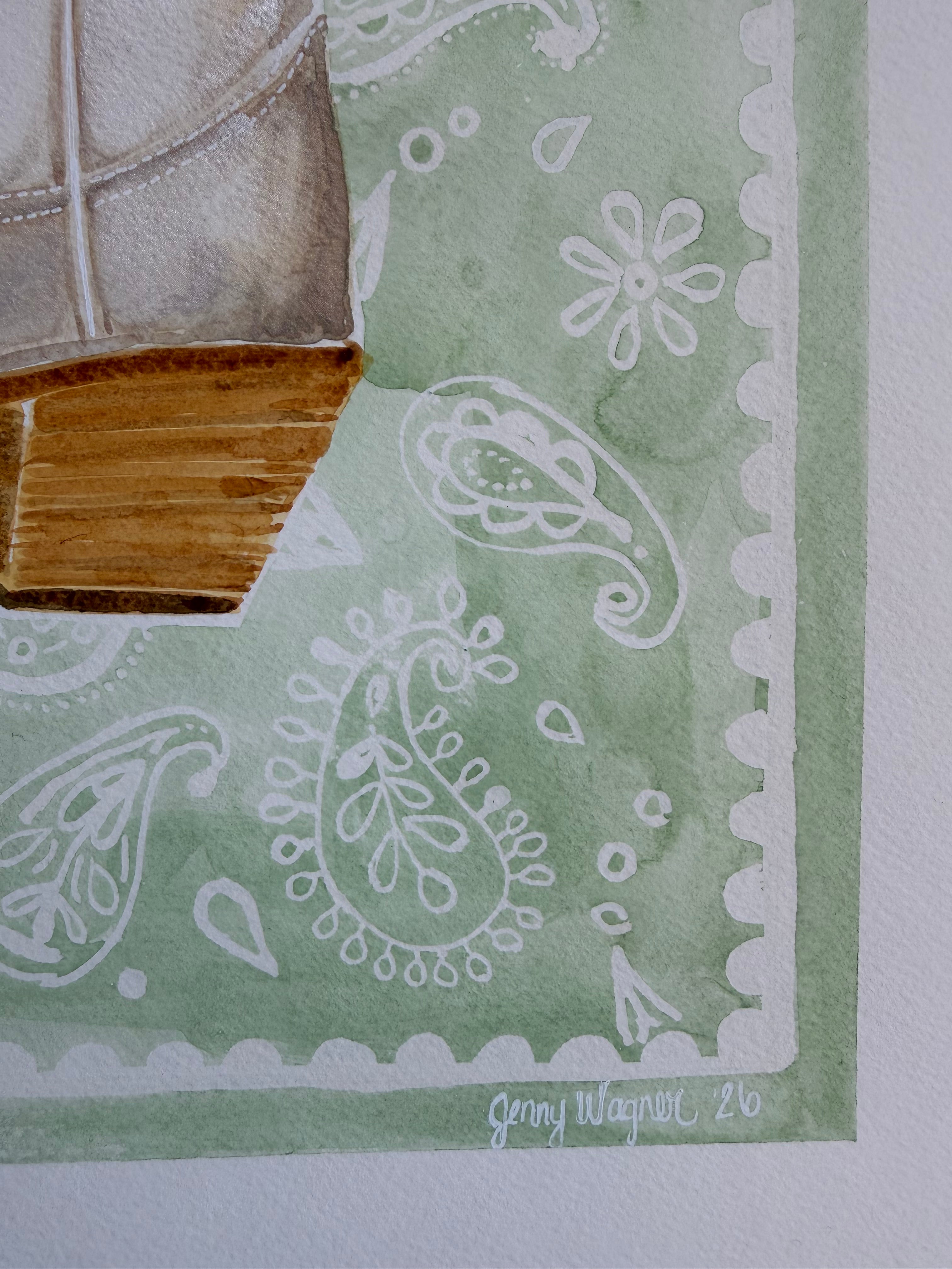 close-up on signature of metallic boot watercolor painting