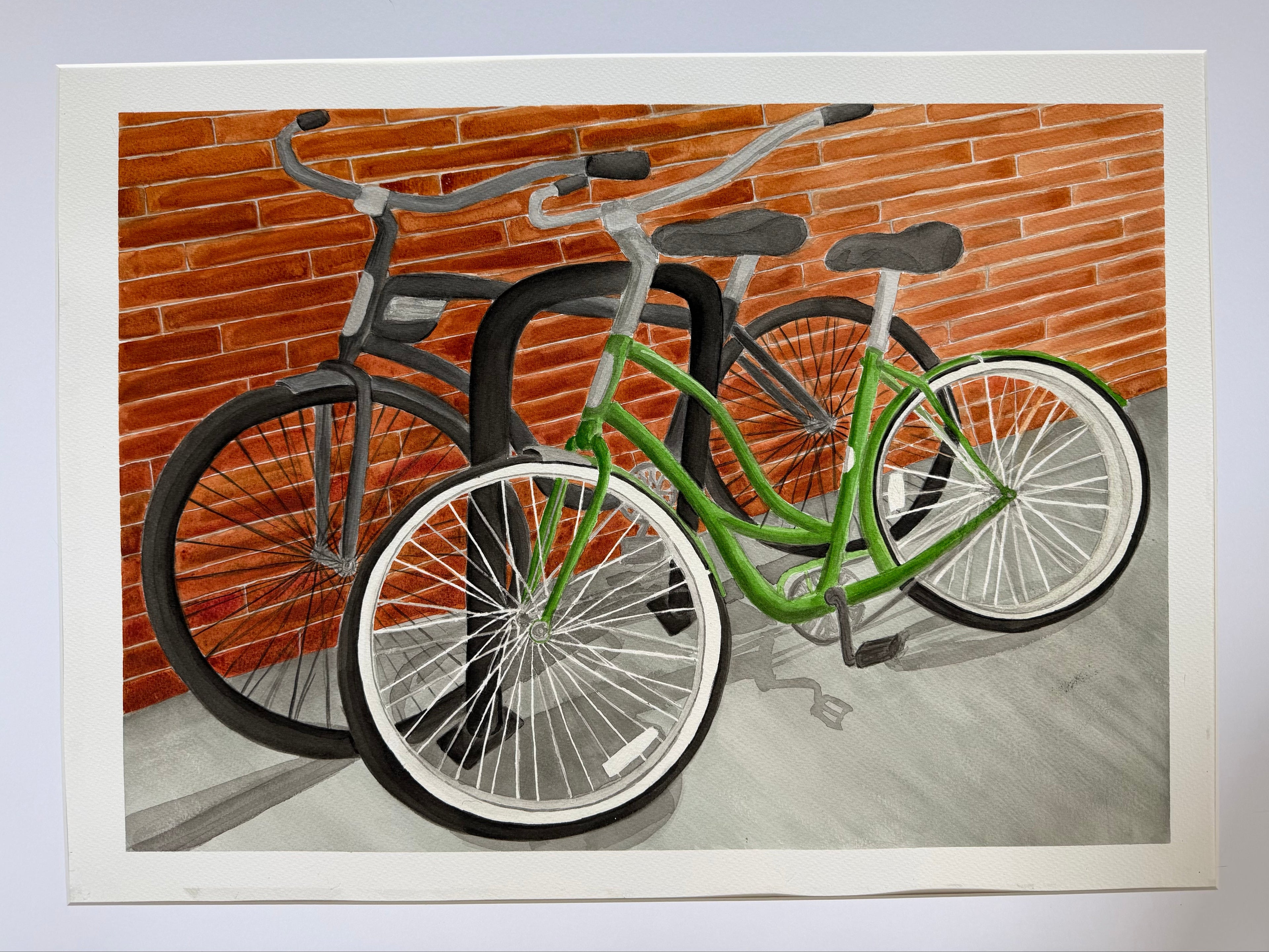 Original Large Watercolor of bicycles against a brick wall by Jenny Wagner Studio