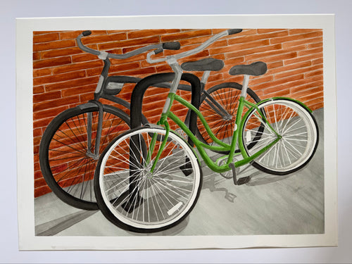 Original Large Watercolor of bicycles against a brick wall by Jenny Wagner Studio