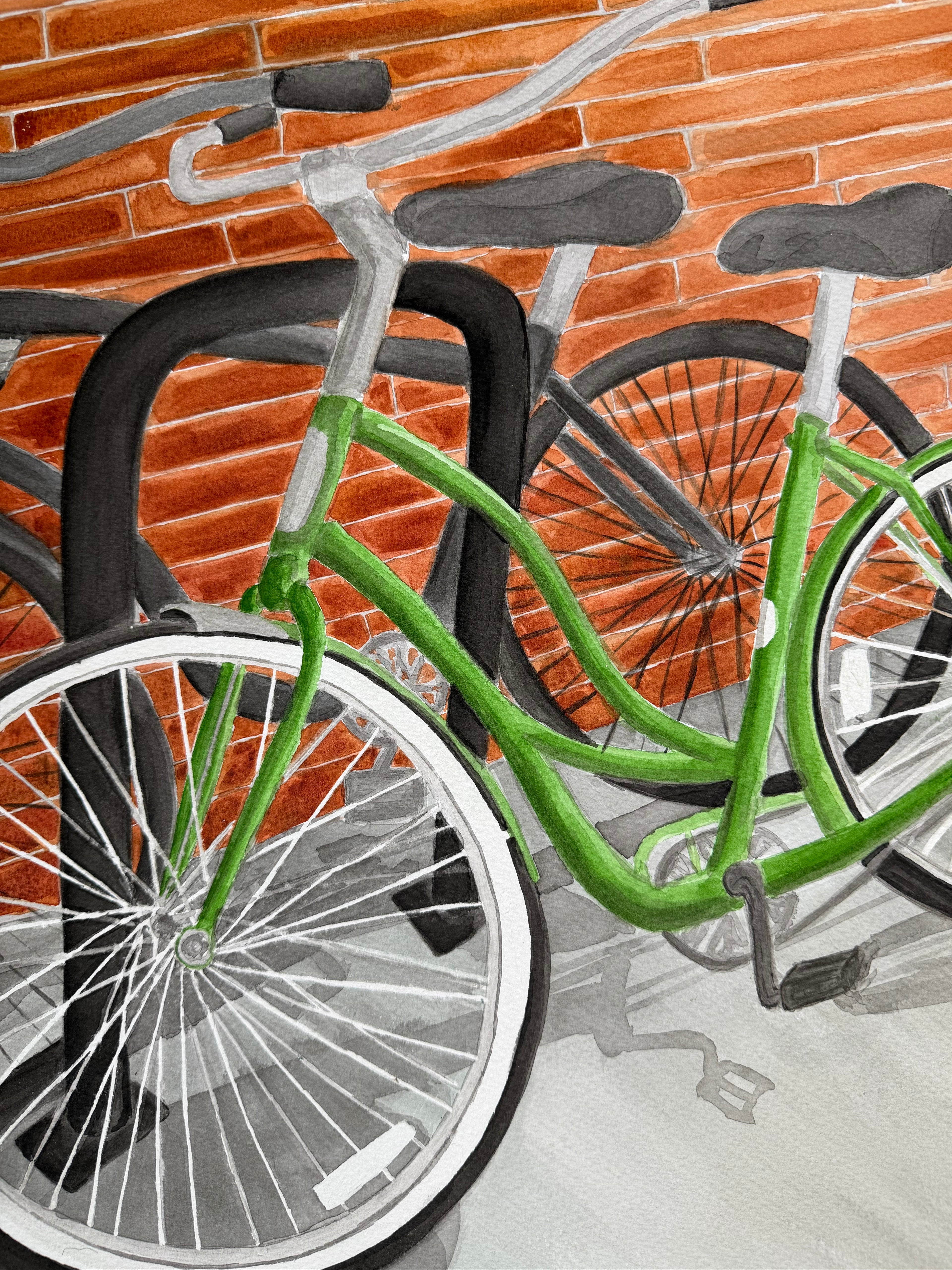 Close up on bikes in Jenny Wagner Studio original watercolor painting