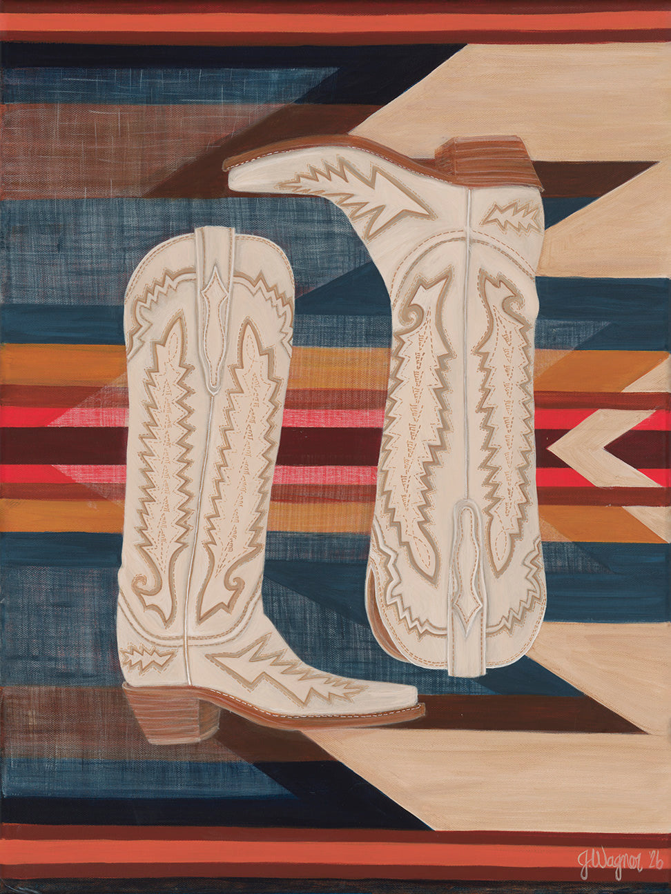 Original acrylic painting by Texas artist Jenny Wagner, Paired. Featuring a pair of cream cowgirl boots placed on a southwestern patterned background.