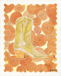 Original watercolor painting by Texas artist Jenny Wagner, of a metallic gold boot in a field of Marigold flower