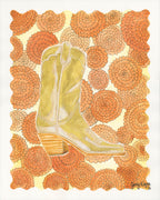 Original watercolor painting by Texas artist Jenny Wagner, of a metallic gold boot in a field of Marigold flower