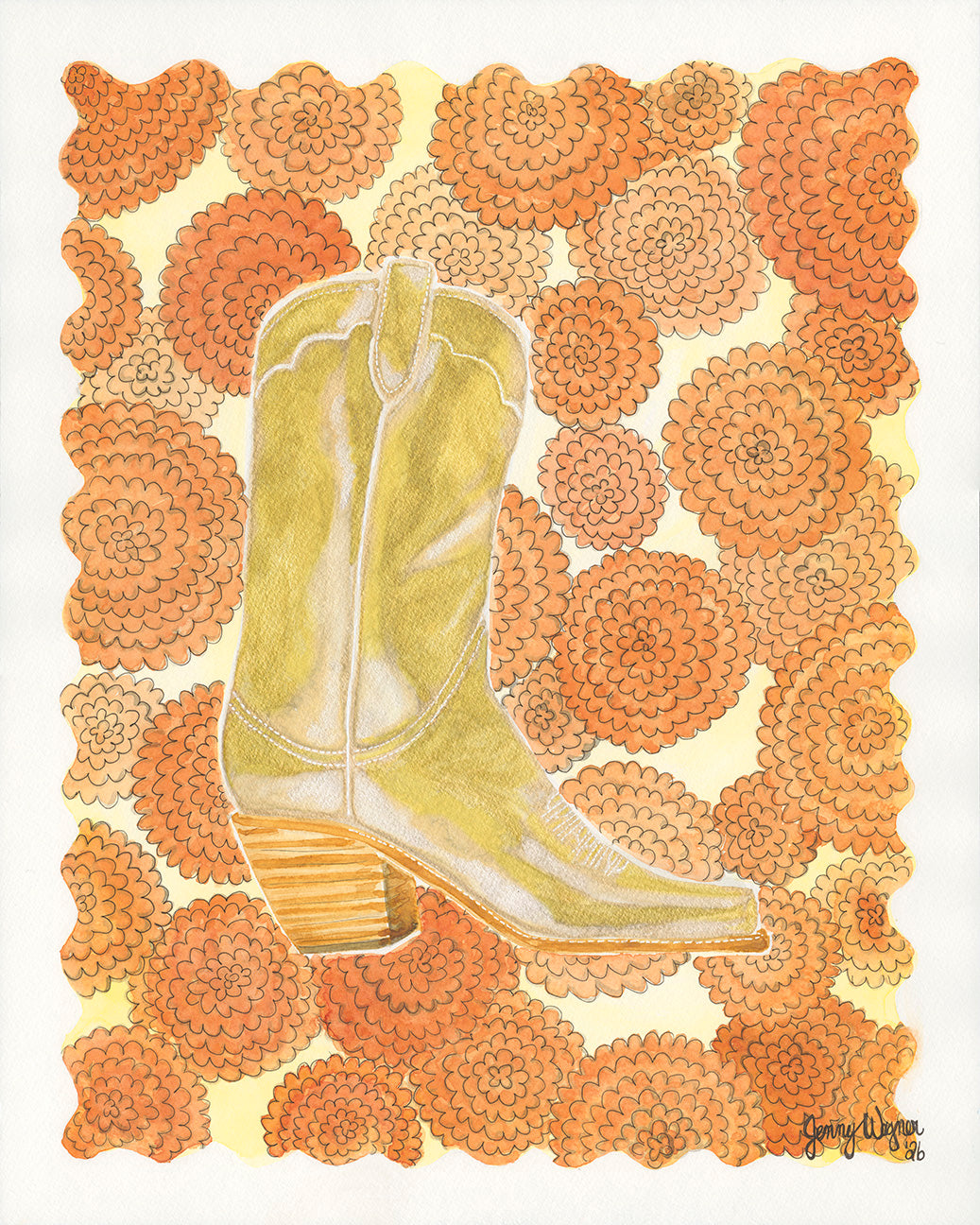 Original watercolor painting by Texas artist Jenny Wagner, of a metallic gold boot in a field of Marigold flower