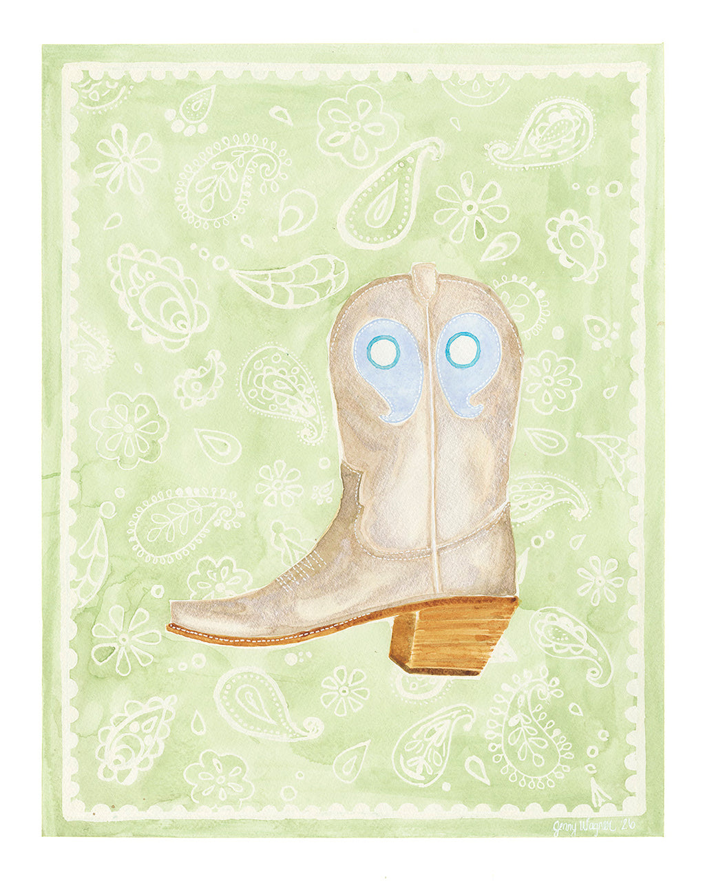 Painting of a gold metallic boot on a pale green paisley background with scalloped details on the edges. This original watercolor painting is part of the Boot Series by Texas artist Jenny Wagner