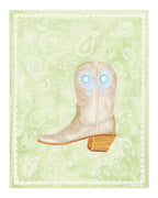 Painting of a gold metallic boot on a pale green paisley background with scalloped details on the edges. This original watercolor painting is part of the Boot Series by Texas artist Jenny Wagner