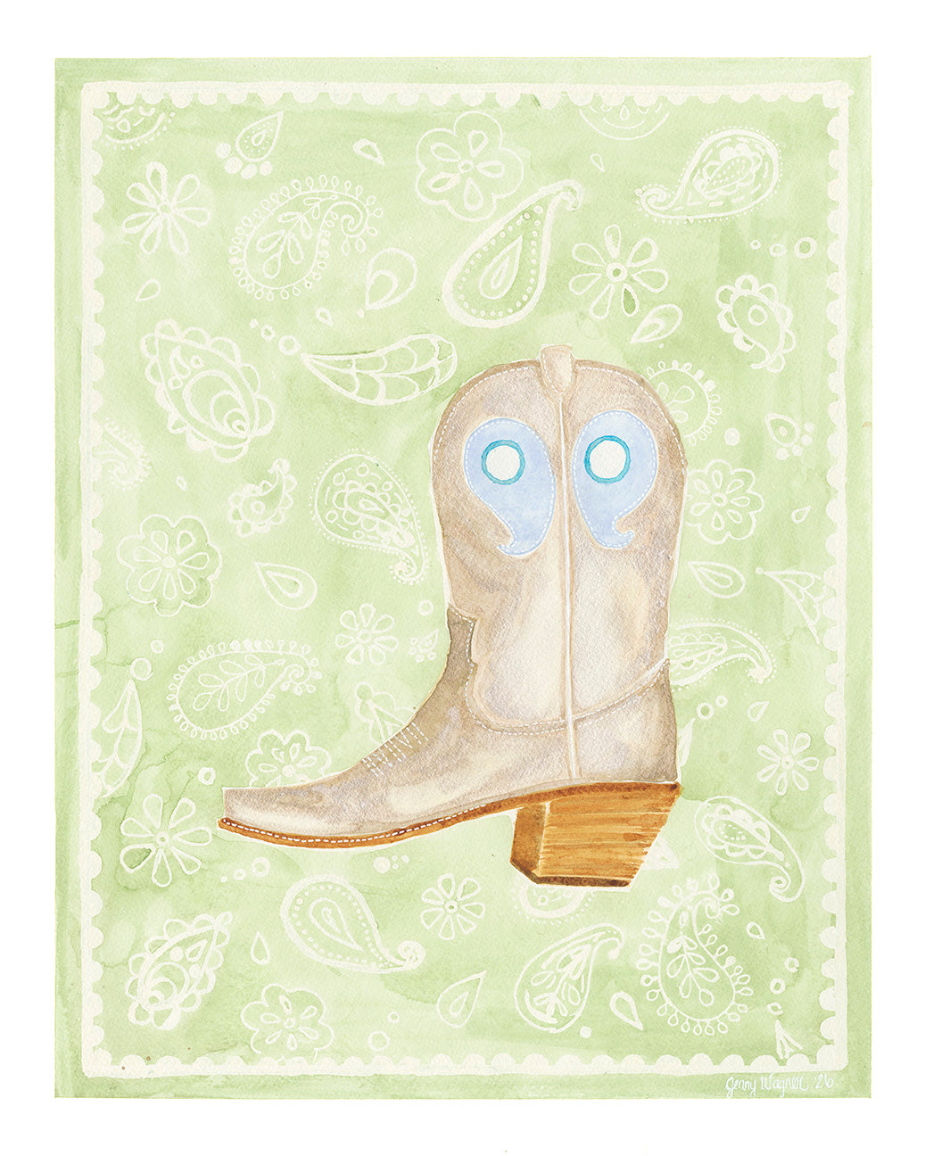 Painting of a gold metallic boot on a pale green paisley background with scalloped details on the edges. This original watercolor painting is part of the Boot Series by Texas artist Jenny Wagner