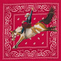 Hold On, by Texas artist Jenny Wagner featuring a bronc rider mid buck painted in oil on a red bandana